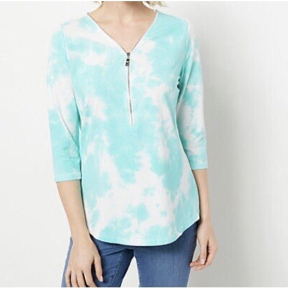 Belle Kim Gravel TripleLuxe Knit Signature Print Top Aqua Tie Dye Large A375863